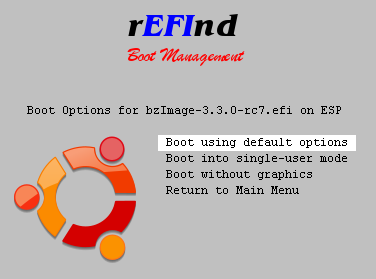 rEFInd can load Linux boot options from
    a linux.conf file in the Linux kernel's directory.
